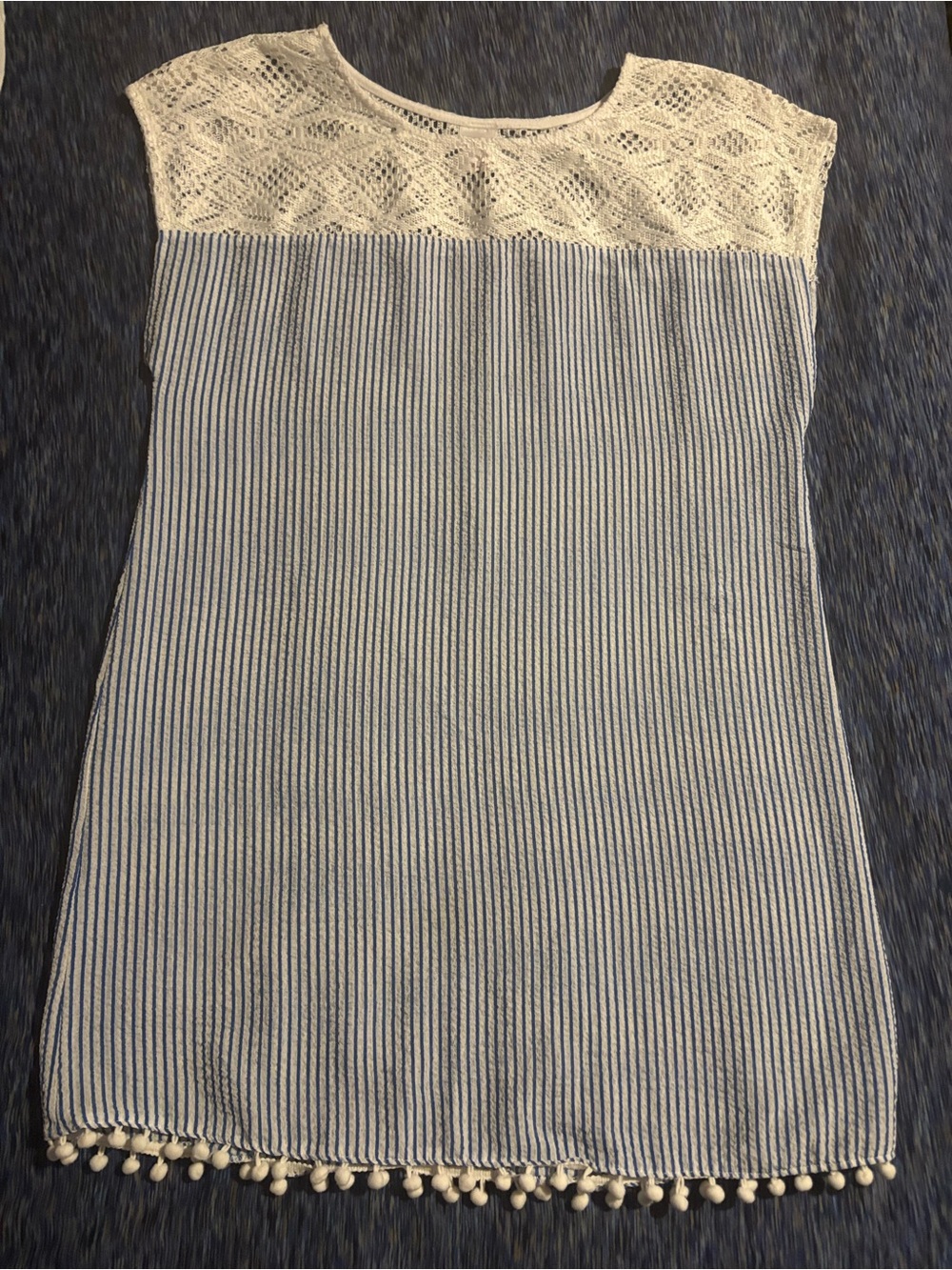 Merona Blue and White Striped Lace Yoke Dress with Pom Trim